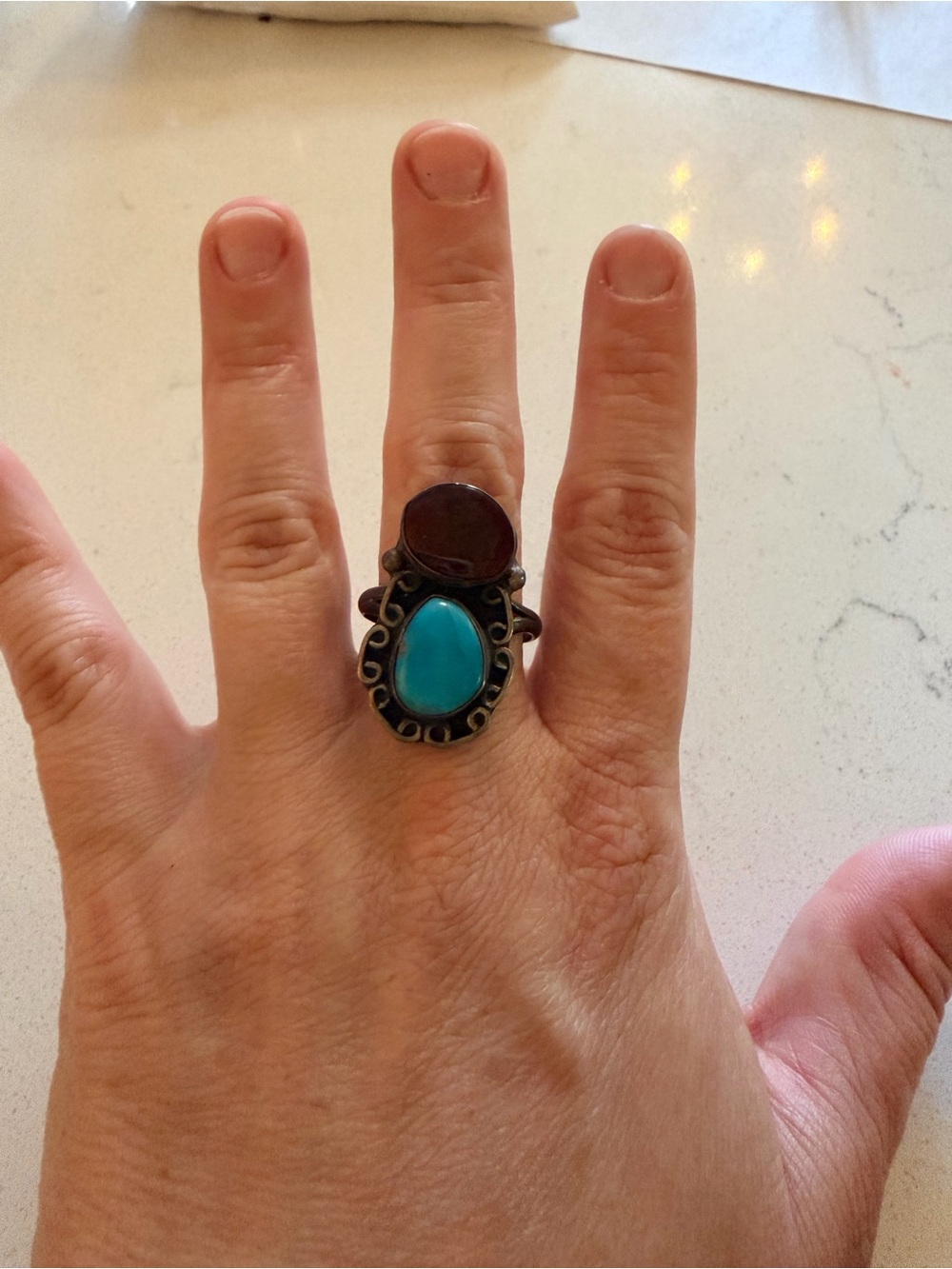 Vintage Turquoise and Carnelian Sterling Silver Statement Ring
